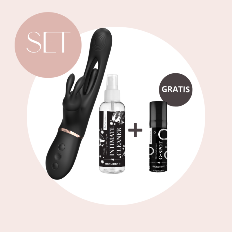 monamore Set aus einem schwarzen Triple-Vibrator mit Stimulationszunge, einer Flasche Toycleaner und einem gratis G-Spot Stimulationsgel