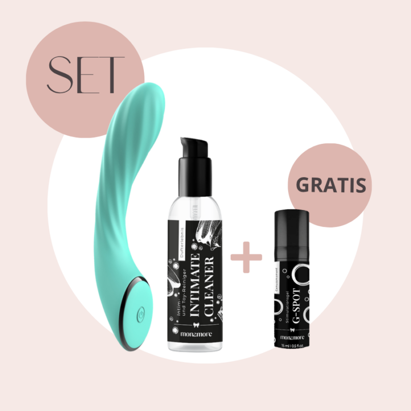 Aktionsset aus monamore G-Punkt-Vibrator Groovy, monamore Intimate Area & Toycleaner und kostenlosem monamore G-Spot Stimulationsgel