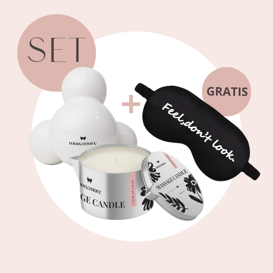 Massage-Set mit monamore Massagestein Rocky, Massagekerze nach Wahl und gratis Augenmaske für entspannende und sinnliche Massagen
